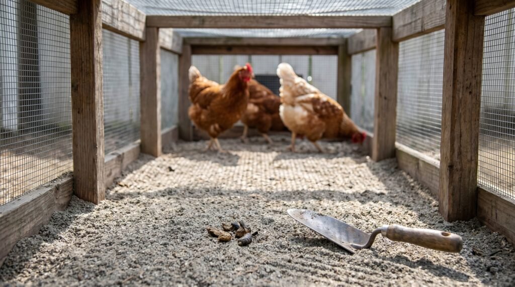 coarse sand floor in a covered chicken run with a scooping tool in the foreground