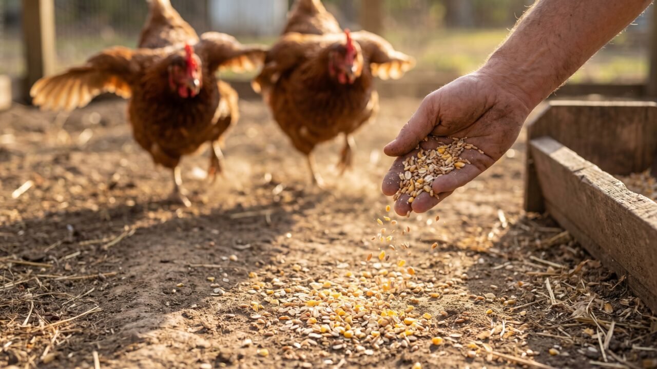 a hand scattering scratch grains for chickens in a sunny backyard run