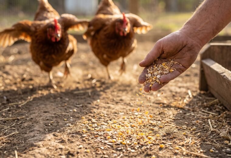 a hand scattering scratch grains for chickens in a sunny backyard run