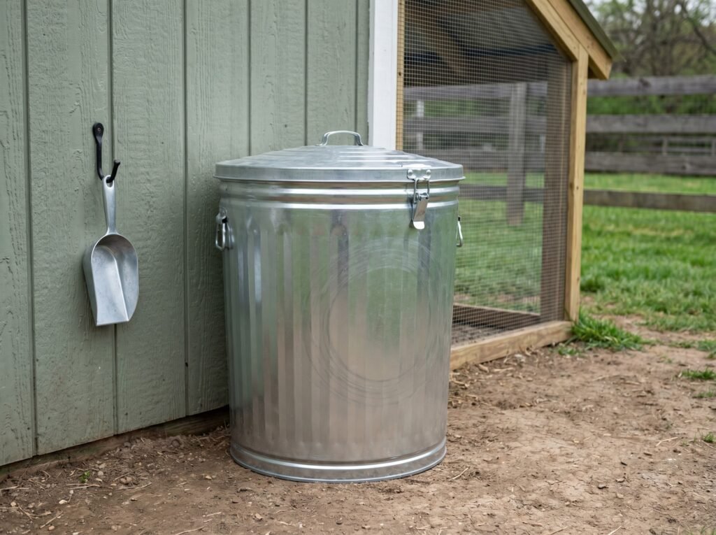 Sealed galvanized metal feed bin beside a clean backyard chicken coop exterior