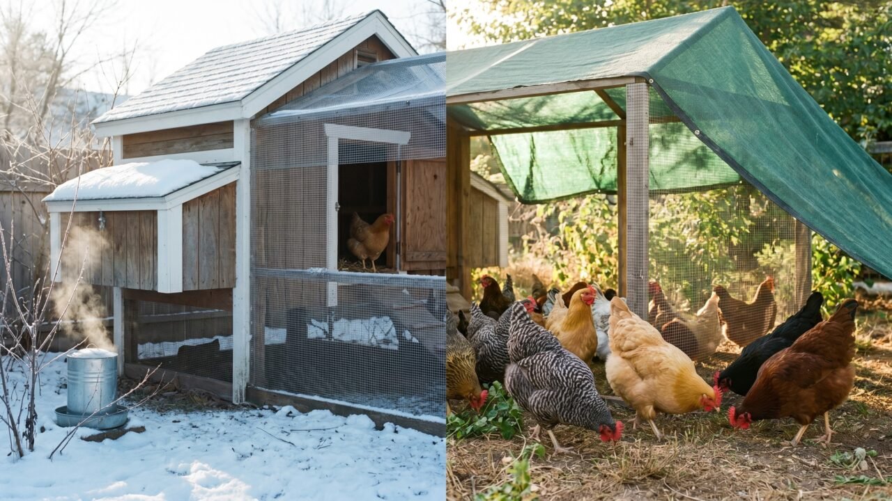 backyard chicken coop and flock in winter and summer showing seasonal care contrast