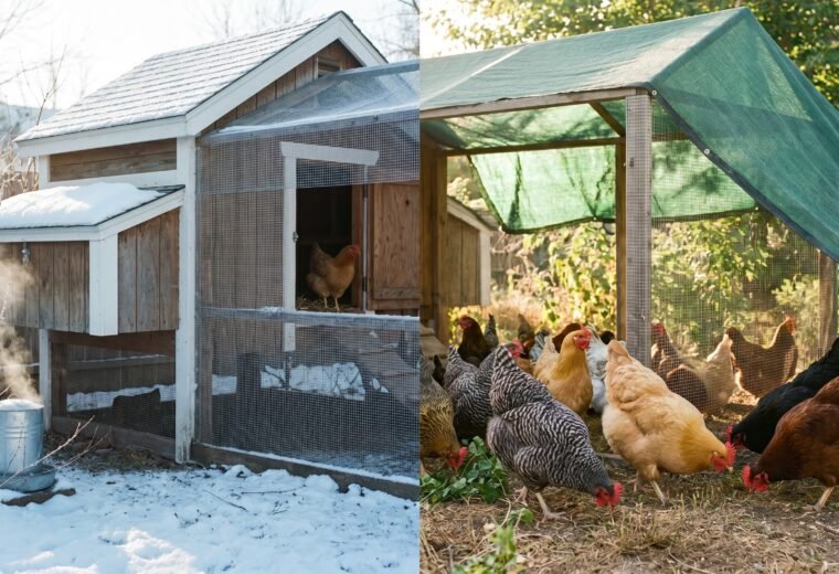 backyard chicken coop and flock in winter and summer showing seasonal care contrast