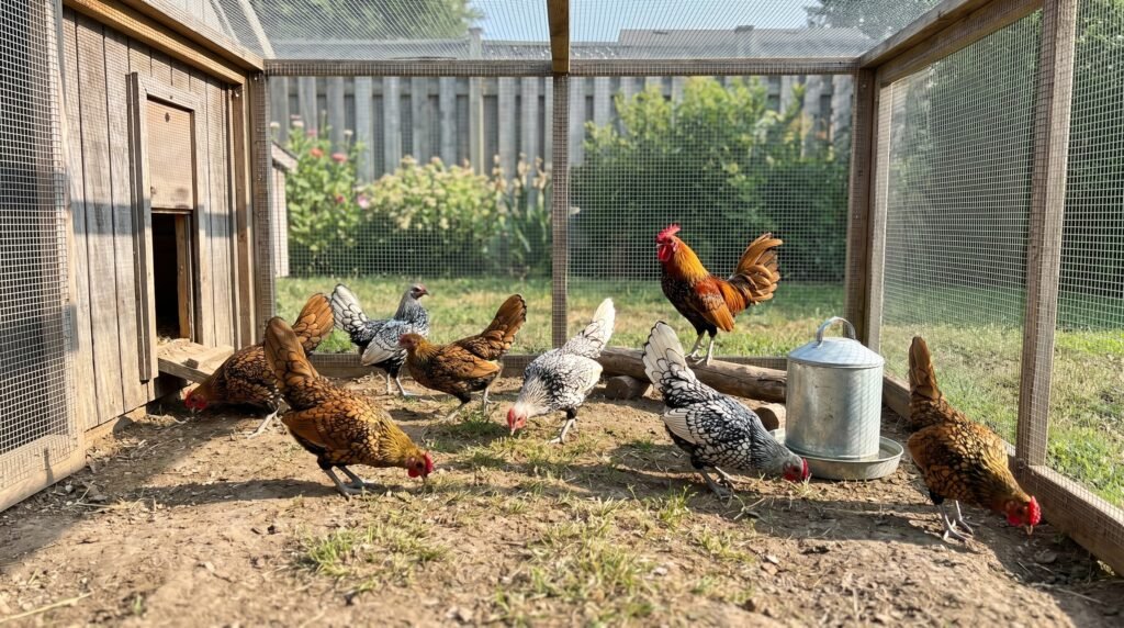 Small Sebright bantam flock of eight birds in a covered hardware-cloth run