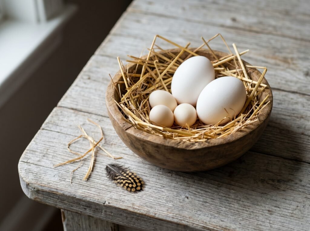 Sebright bantam eggs beside standard eggs showing the small bantam egg size difference