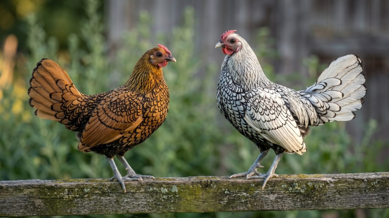 Gold and silver Sebright bantam pair showing distinctive black lacing on a fence rail