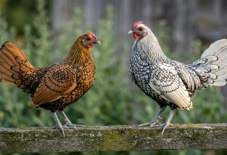 Gold and silver Sebright bantam pair showing distinctive black lacing on a fence rail