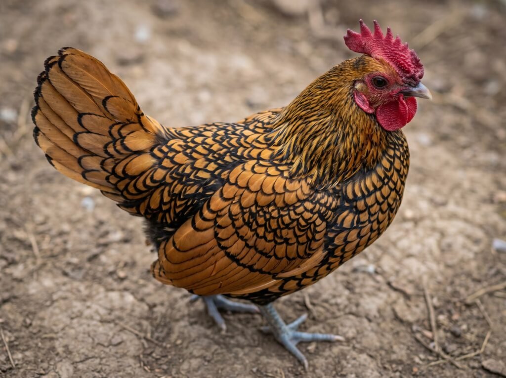 Golden Sebright rooster showing hen-feathered plumage and rose comb in close detail