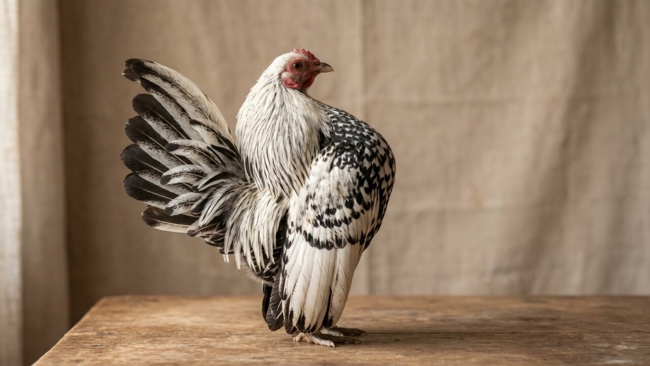 Adult Serama rooster in upright breed-standard posture on a wooden tabletop