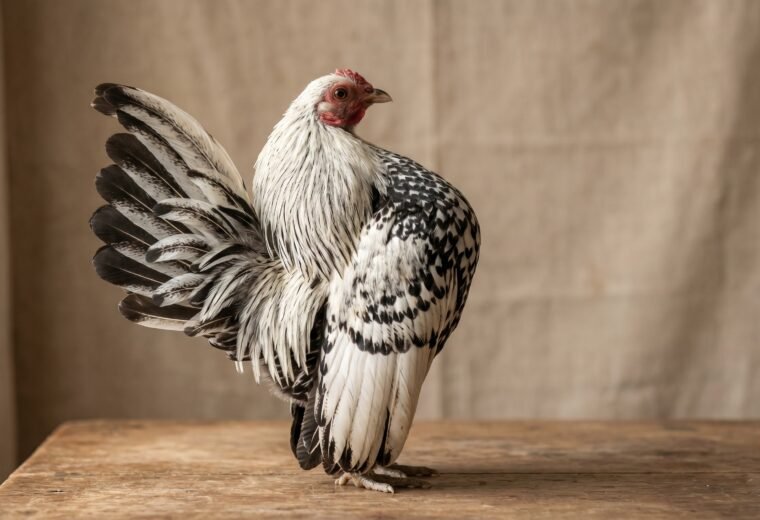 Adult Serama rooster in upright breed-standard posture on a wooden tabletop