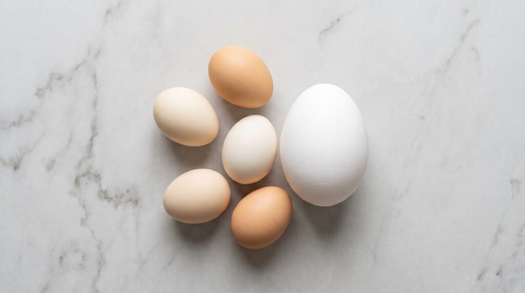 Five tiny Serama eggs arranged beside one standard large egg showing size difference