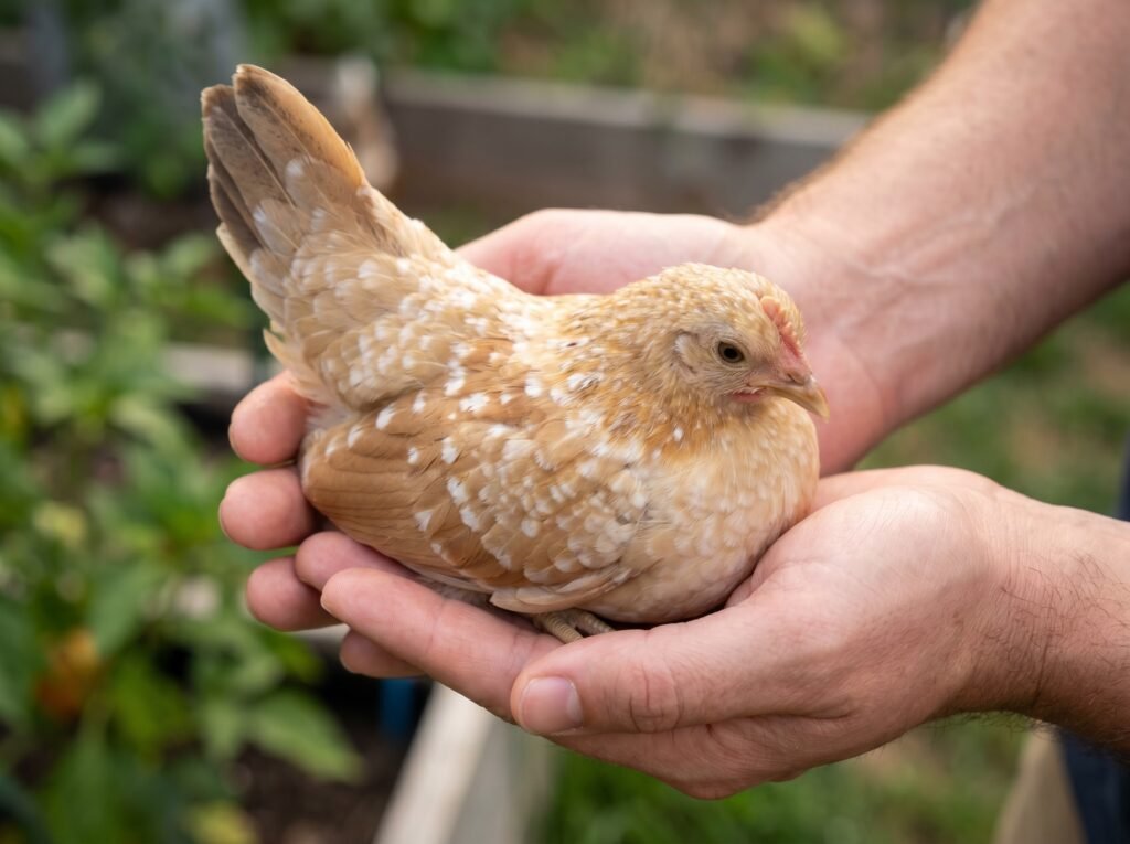 Tiny Serama hen resting calmly in a person's cupped hands, showing her small size