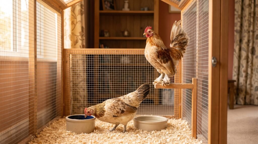 A Serama rooster and hen in a well-kept indoor enclosure showing typical small housing setup