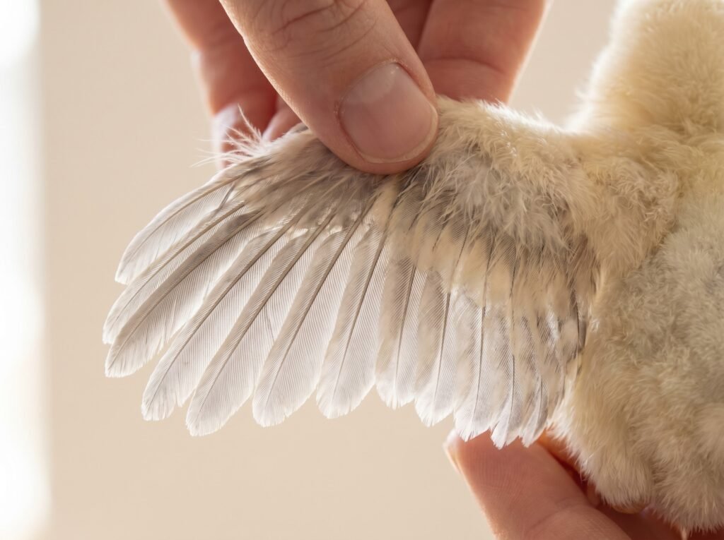 chick wing spread to show primary and covert feather length difference used in feather sexing