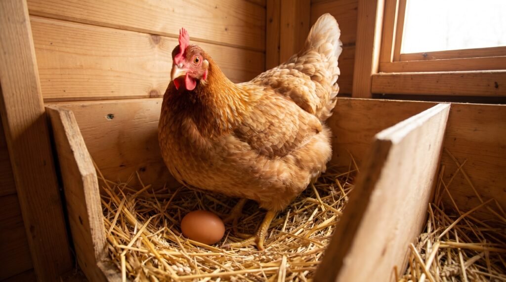 Golden Comet sex-link hen settled in a wooden nest box with a large brown egg on golden straw