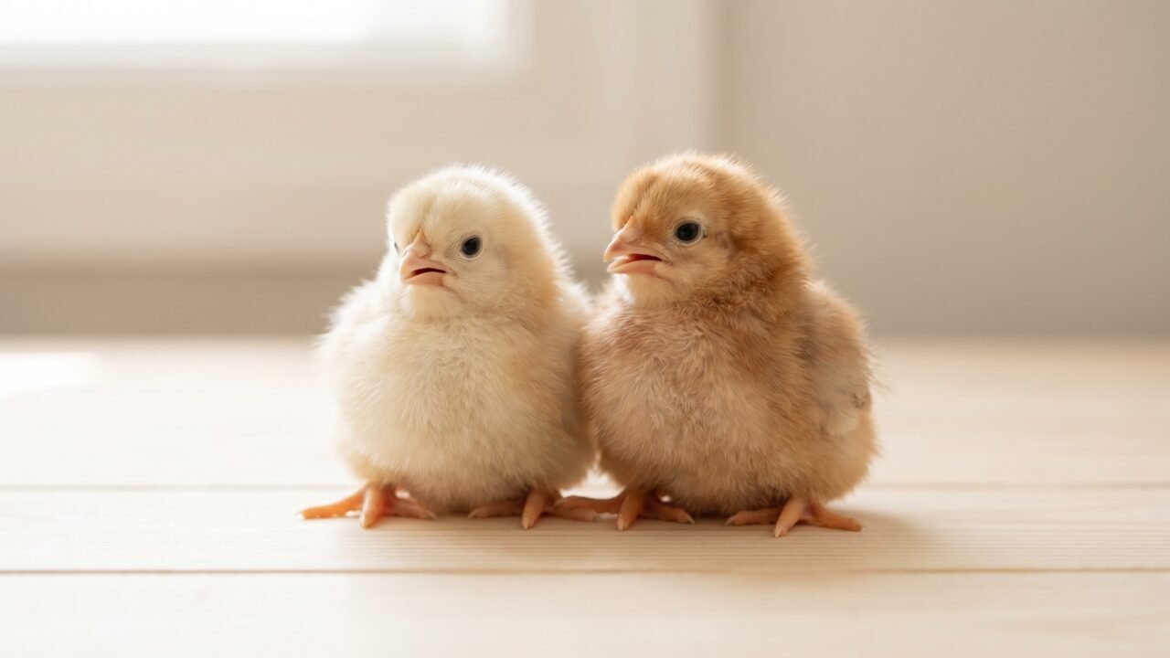 two day-old sex-link chicks showing down color difference used for sexing at hatch