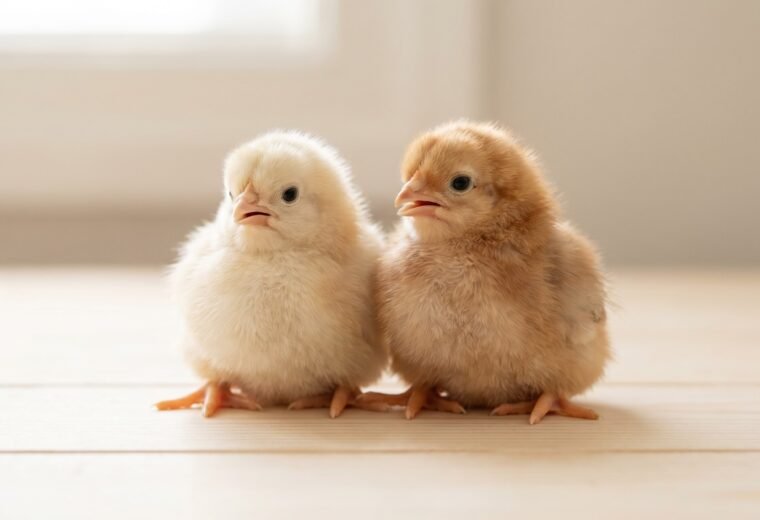 two day-old sex-link chicks showing down color difference used for sexing at hatch