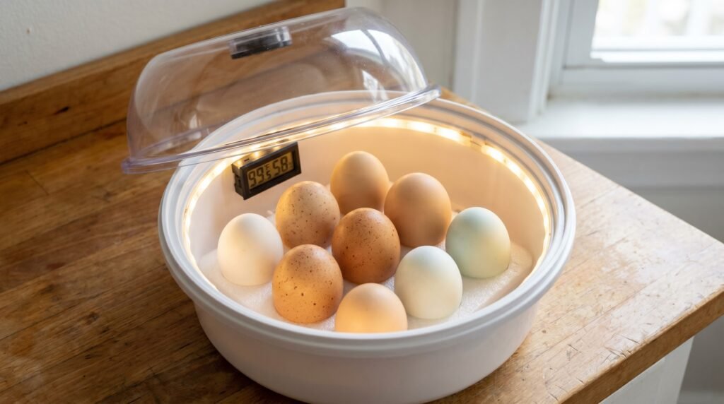 Hatching eggs set upright in a forced-air incubator tray showing temperature and humidity display