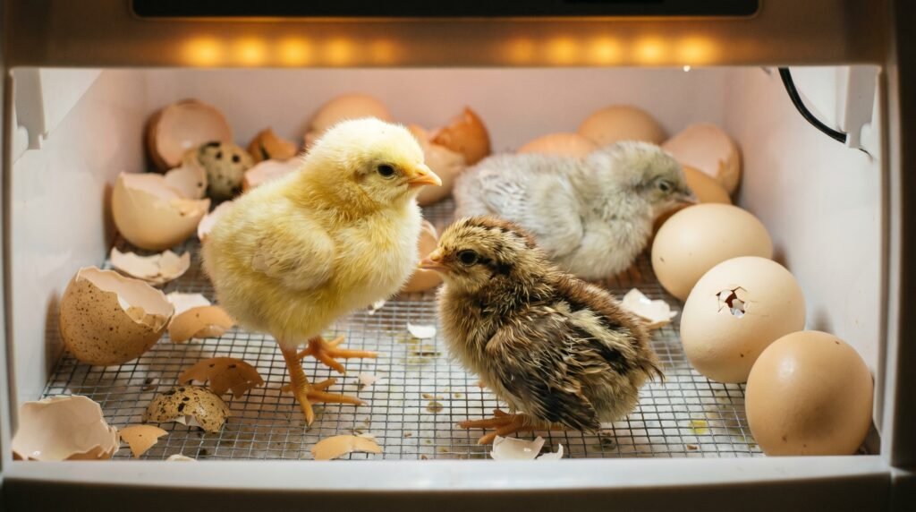 Newly hatched chicks from shipped eggs beside unhatched eggs inside an incubator on hatch day