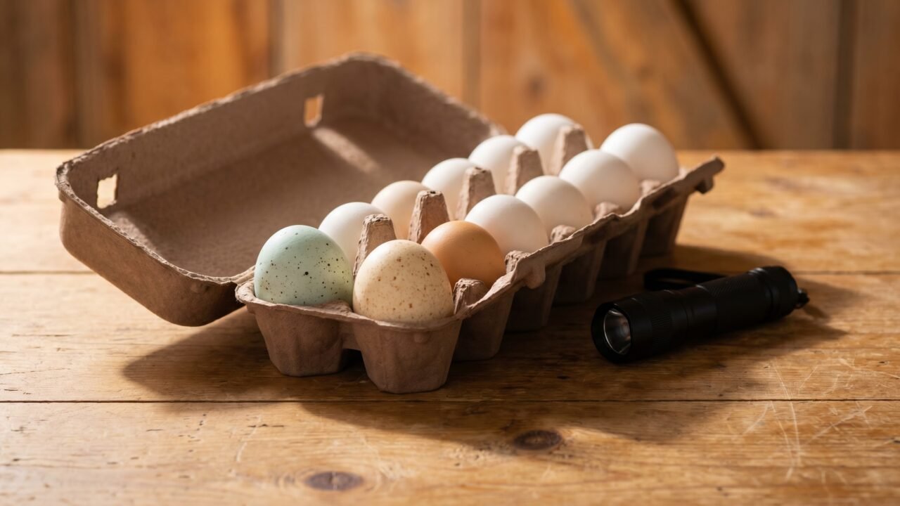 Shipped hatching eggs resting large end up in a carton beside a candler on a farm table