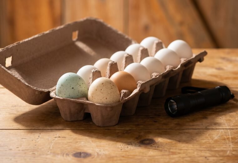 Shipped hatching eggs resting large end up in a carton beside a candler on a farm table