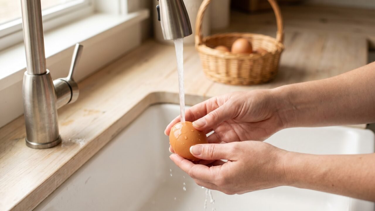 Hands rinsing a fresh brown chicken egg under warm running water in a kitchen sink