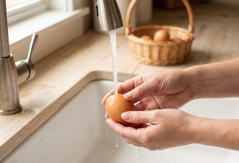 Hands rinsing a fresh brown chicken egg under warm running water in a kitchen sink