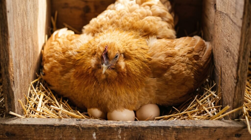 Buff Silkie hen brooding cream eggs in wooden nest box, showing maternal posture