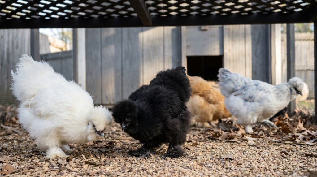 Four Silkie chickens in mixed colors foraging in a dry covered outdoor run