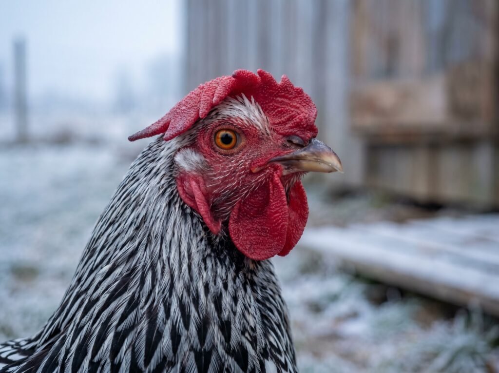 Silver Laced Wyandotte hen showing rose comb that reduces frostbite risk in cold winters