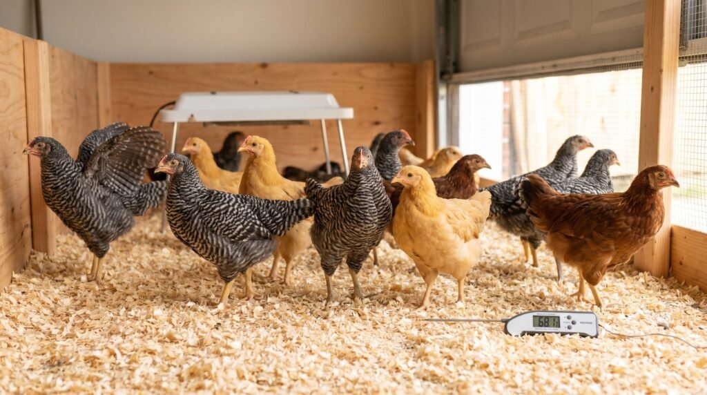 six-week-old fully feathered chicks in brooder, heat plate raised high, nearly weaned from heat