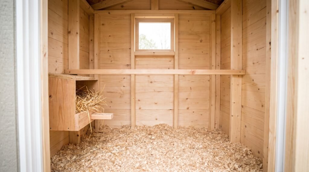 small chicken coop interior showing roost bar positioned above a single nest box with straw litter on the floor
