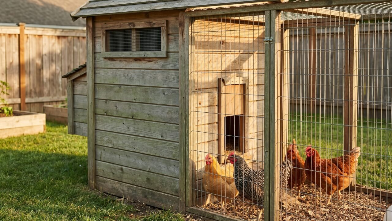 compact wooden backyard chicken coop for a small flock of four standard hens in a suburban yard