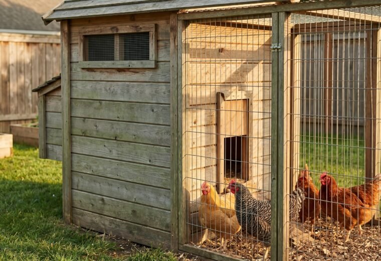 compact wooden backyard chicken coop for a small flock of four standard hens in a suburban yard