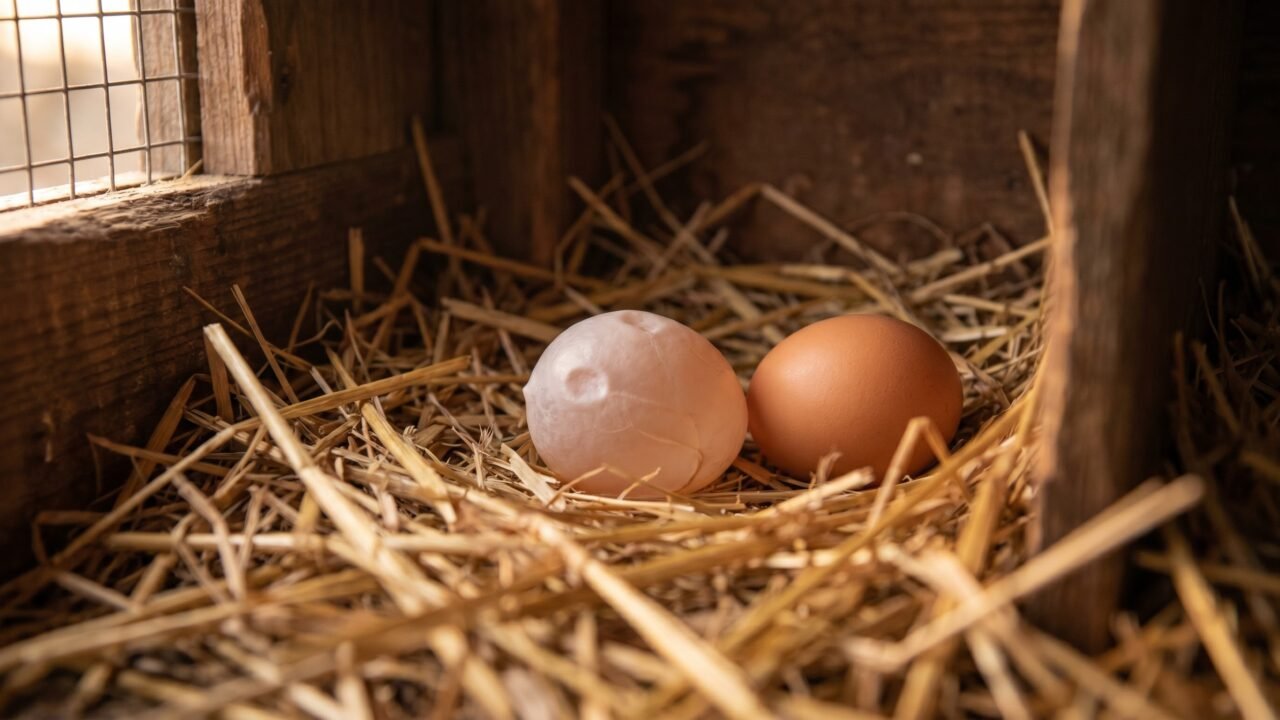 Membrane-only soft shell egg next to a normal brown egg in a straw nest box