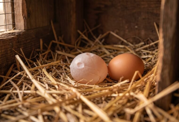 Membrane-only soft shell egg next to a normal brown egg in a straw nest box