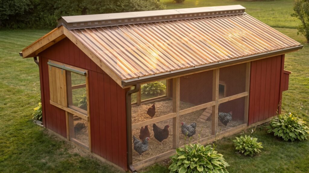 covered chicken run with tinted polycarbonate roof and vented ridge cap for heat management