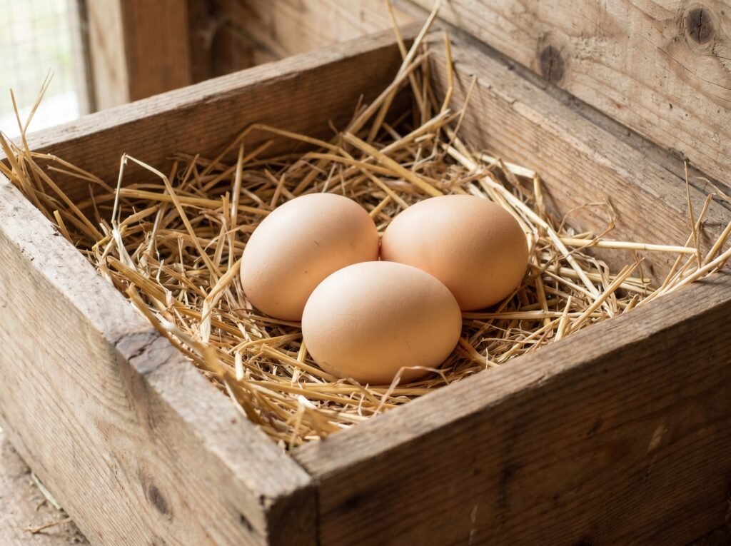 Three light-brown Speckled Sussex eggs resting in a straw-lined wooden nest box