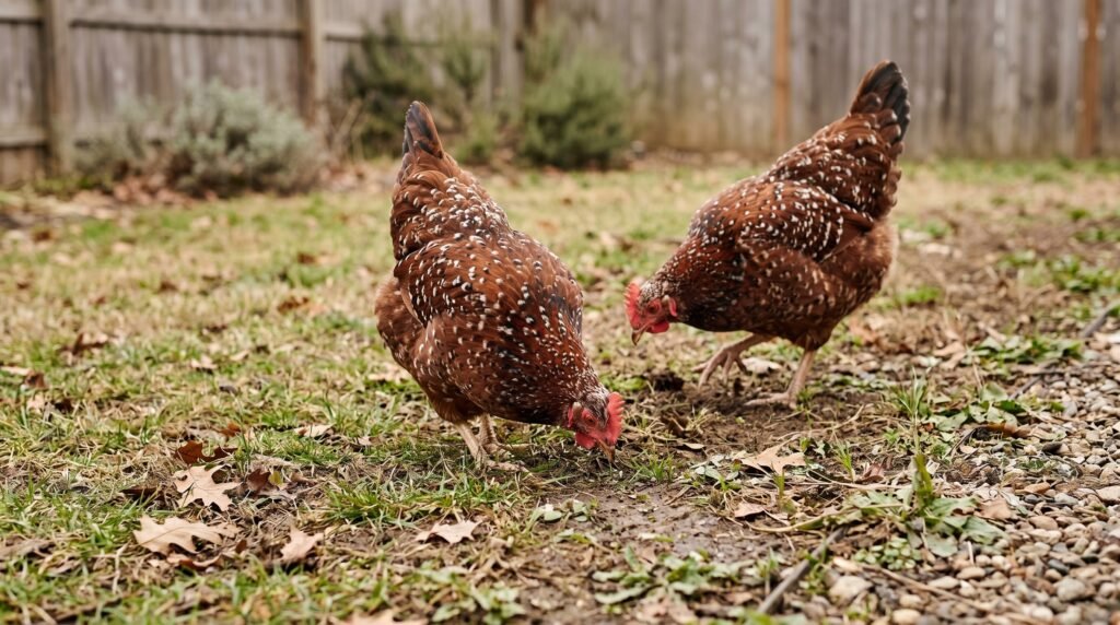 Two Speckled Sussex hens foraging in a backyard free-range yard among grass and leaves