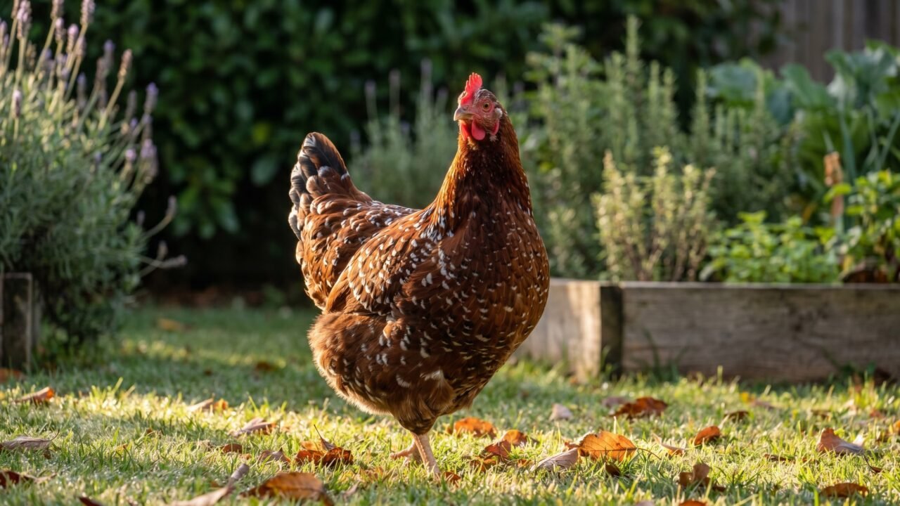 Speckled Sussex hen in a garden, showing full reddish-mahogany speckled plumage and red comb