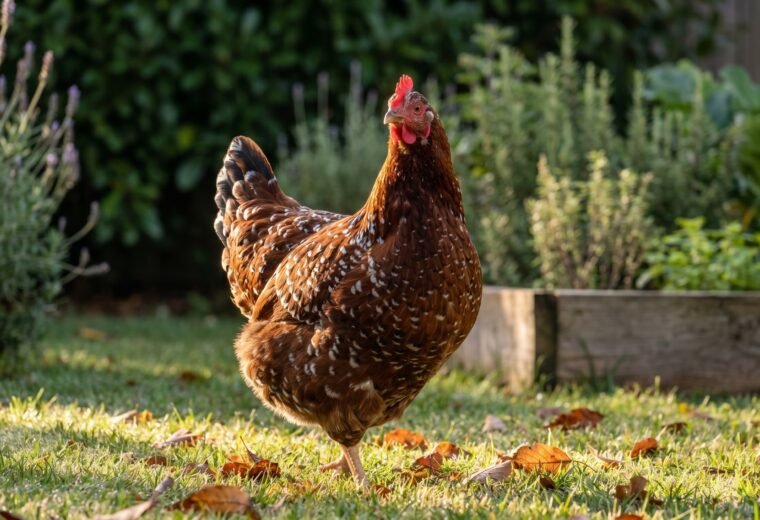 Speckled Sussex hen in a garden, showing full reddish-mahogany speckled plumage and red comb