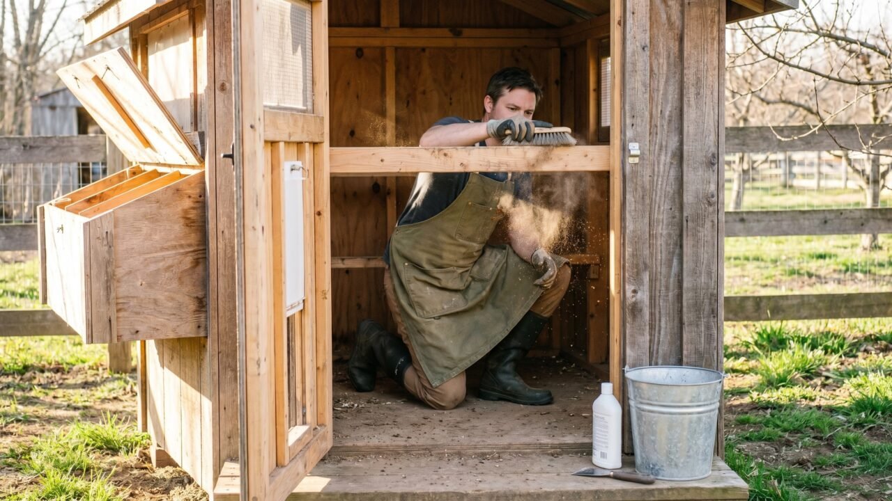 Backyard keeper scrubbing roost bars during a spring chicken coop deep clean