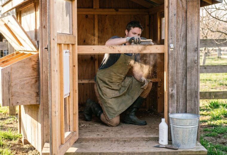Backyard keeper scrubbing roost bars during a spring chicken coop deep clean