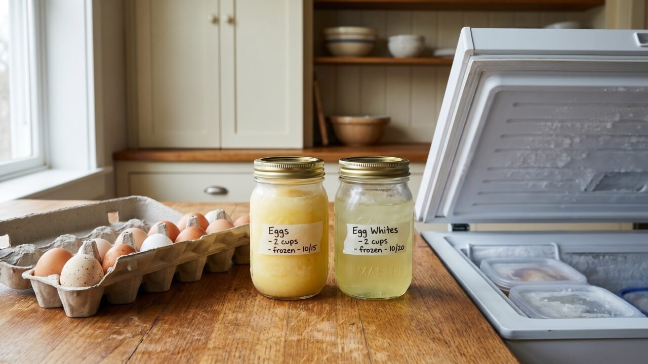 Fresh eggs in a carton beside frozen egg jars and a chest freezer showing long-term egg storage methods