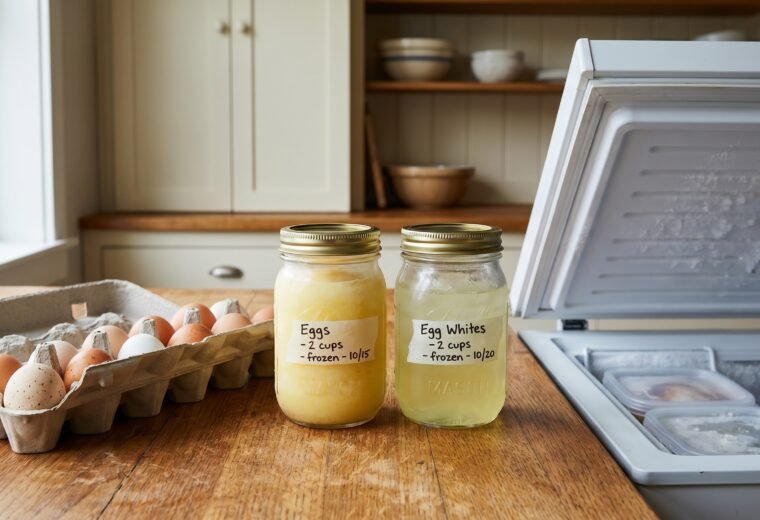 Fresh eggs in a carton beside frozen egg jars and a chest freezer showing long-term egg storage methods