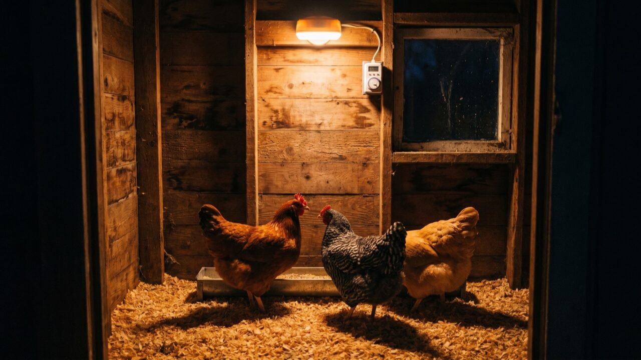 Warm LED light illuminating backyard chicken coop interior at pre-dawn, hens at feeder