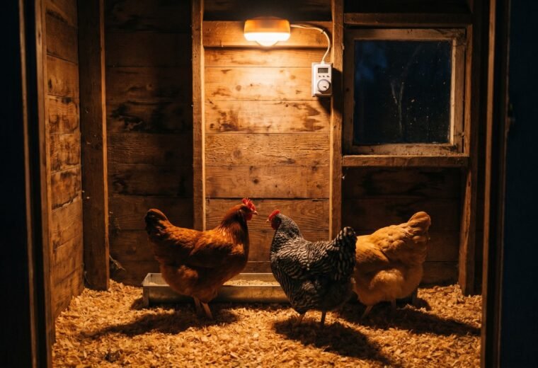 Warm LED light illuminating backyard chicken coop interior at pre-dawn, hens at feeder