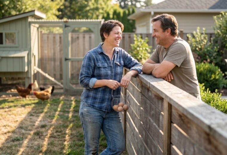 Neighbors talking over a fence, one holding fresh eggs from their backyard chickens