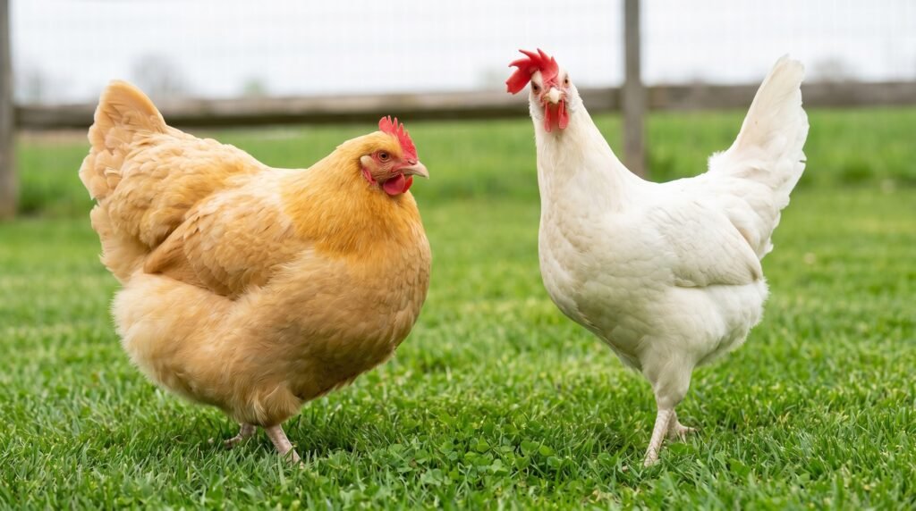Calm Buff Orpington hen beside an alert upright Leghorn showing breed temperament contrast