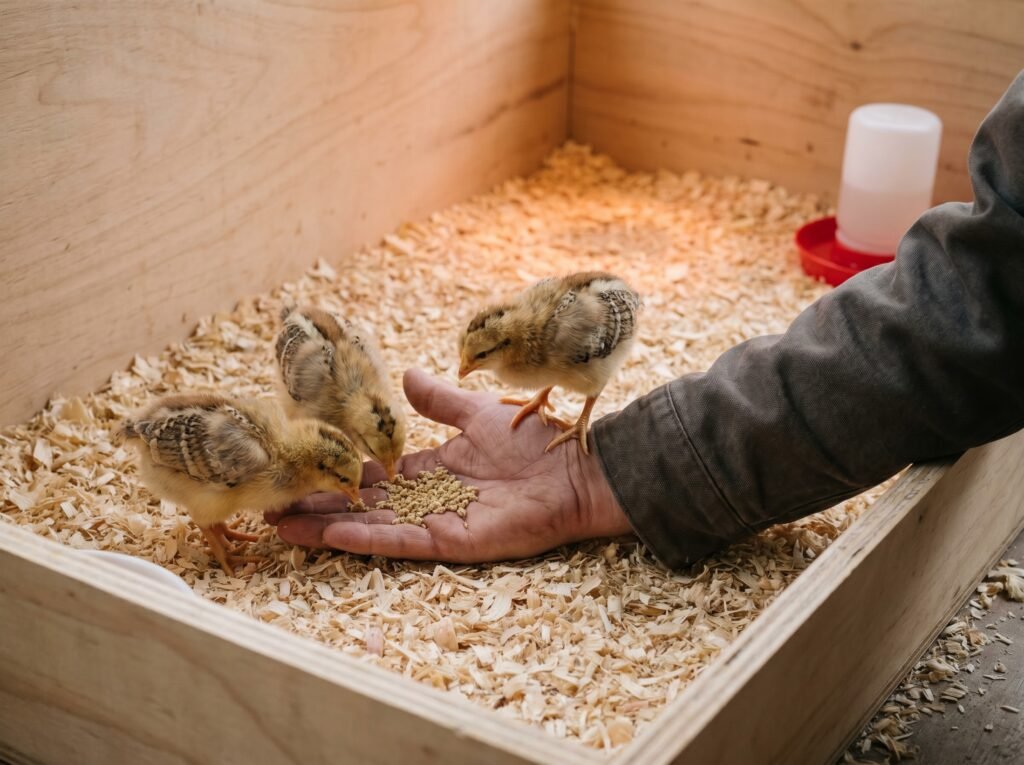 Chicks approaching a flat hand at brooder-floor level during early socialization handling