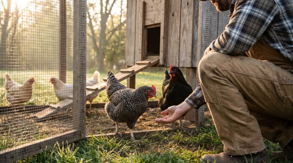 Person crouching low at coop door with hand extended as hen approaches during morning visit
